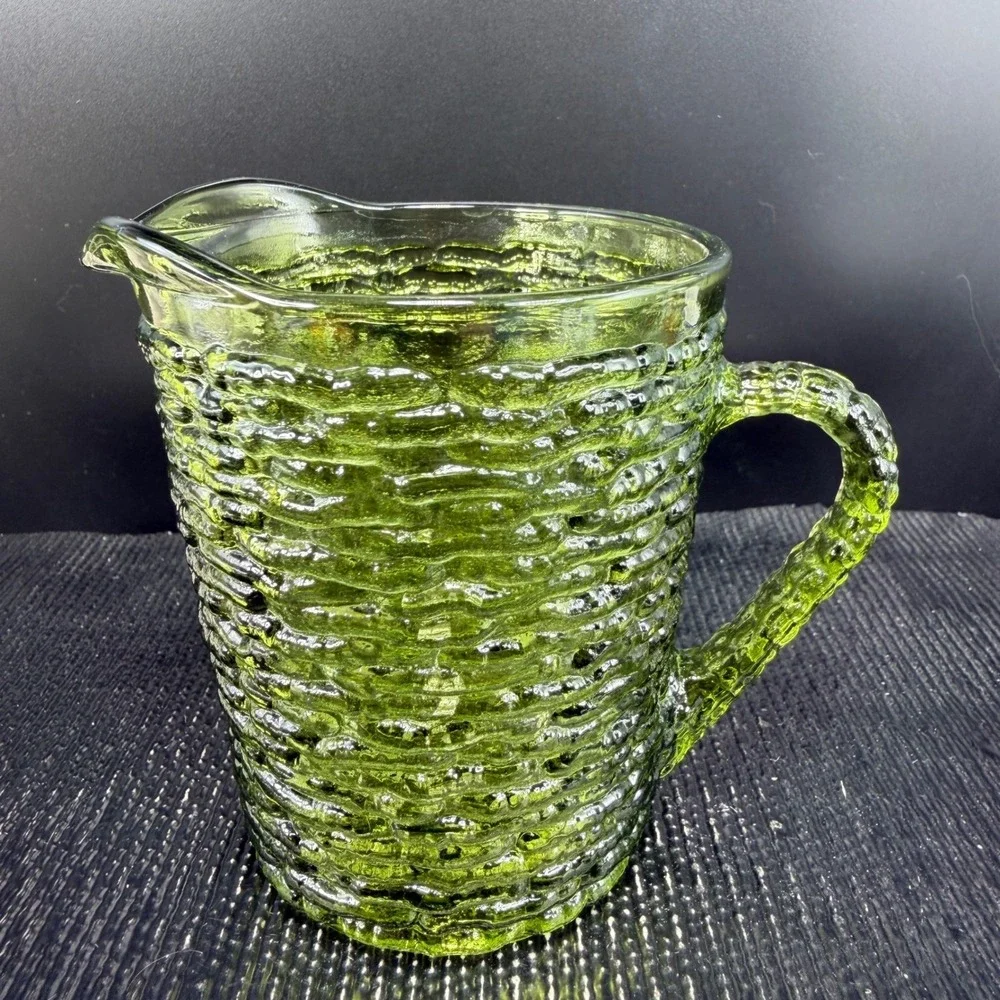 Anchor‎ Hocking Soreno Avocado Green Glass Pitcher Creamer Textured Bark 3.5inch